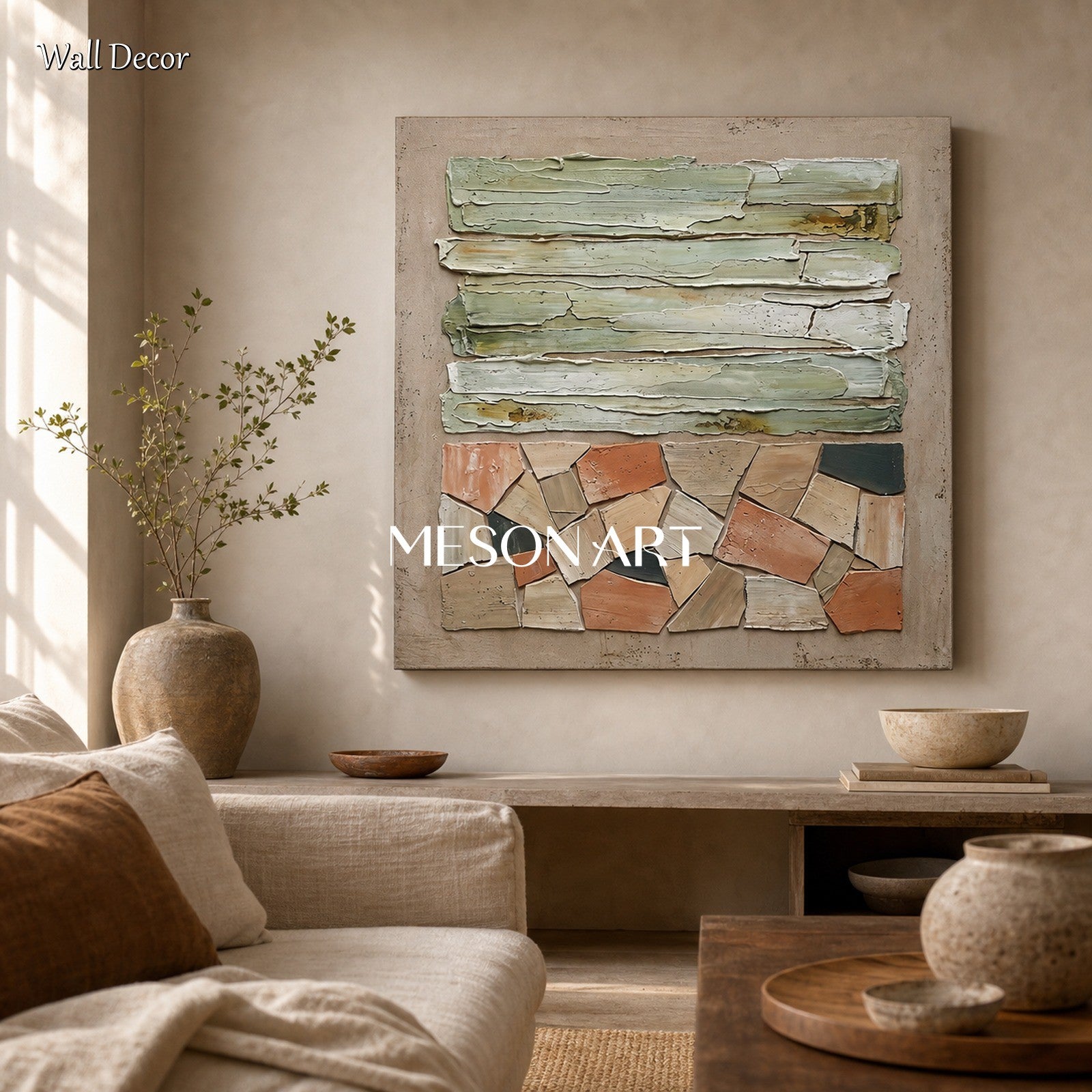 Natural Beige Plaster Texture Art With Gold Frame For Modern Living Room Decor
