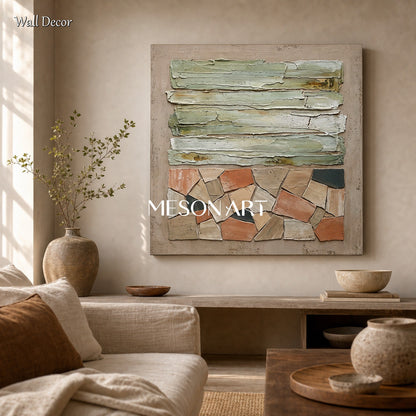 Natural Beige Plaster Texture Art With Gold Frame For Modern Living Room Decor