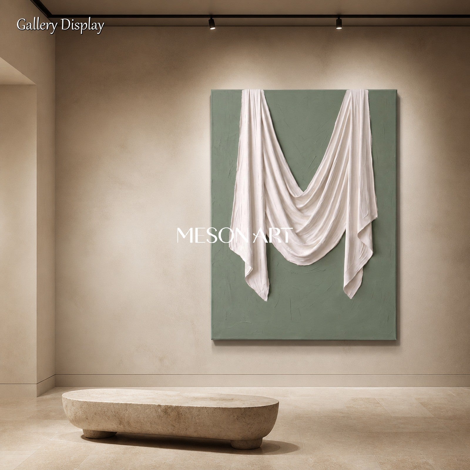 Green And White Sculptural 3D Textured Wall Art Rectangular Original Artist Hand Painted By Mesonart