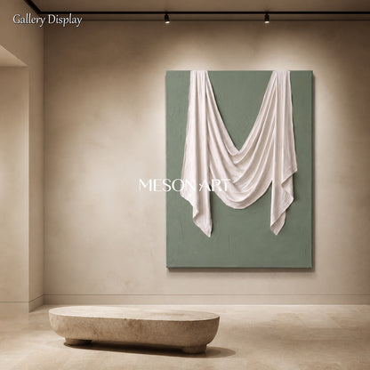Green And White Sculptural 3D Textured Wall Art Rectangular Original Artist Hand Painted By Mesonart