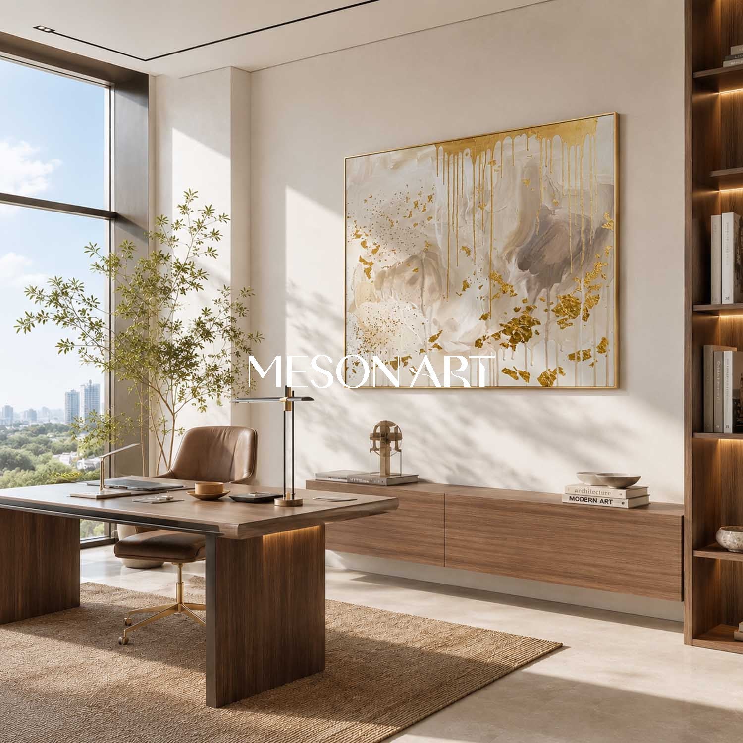 Luxury Gold Leaf Abstract Art With Cream Neutral Tones For Modern Living Room Decor