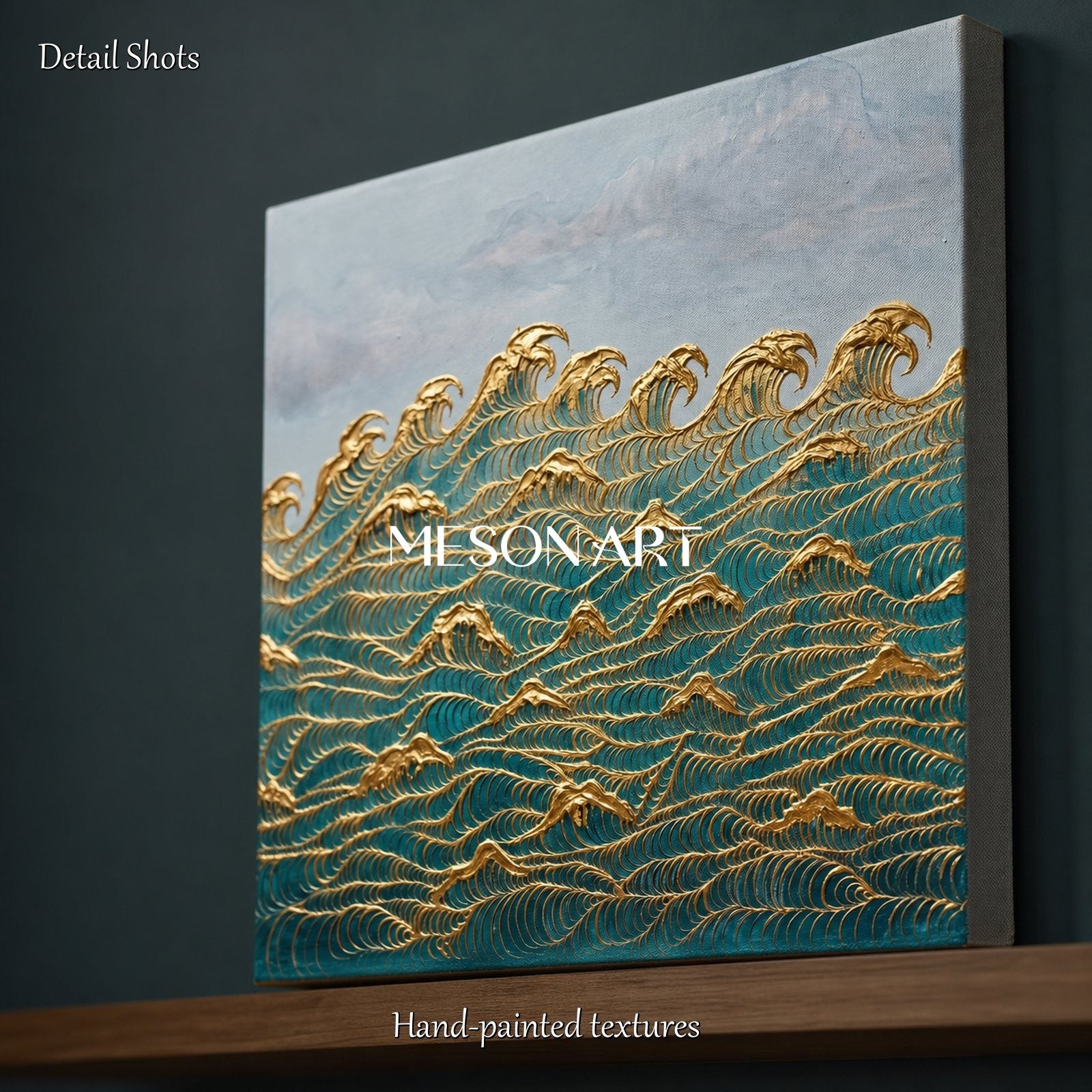 Gilded Wave Painting In Teal And Gold For Art Deco Living Room Decor With Textured Relief