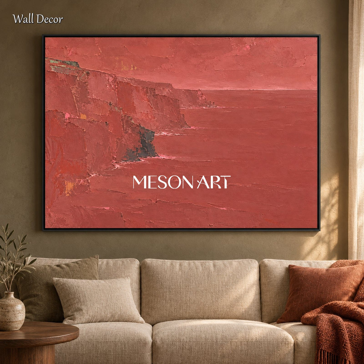 Red And Brown Abstract Landscape Minimalist Art Rectangular Palette Knife Painting By Mesonart