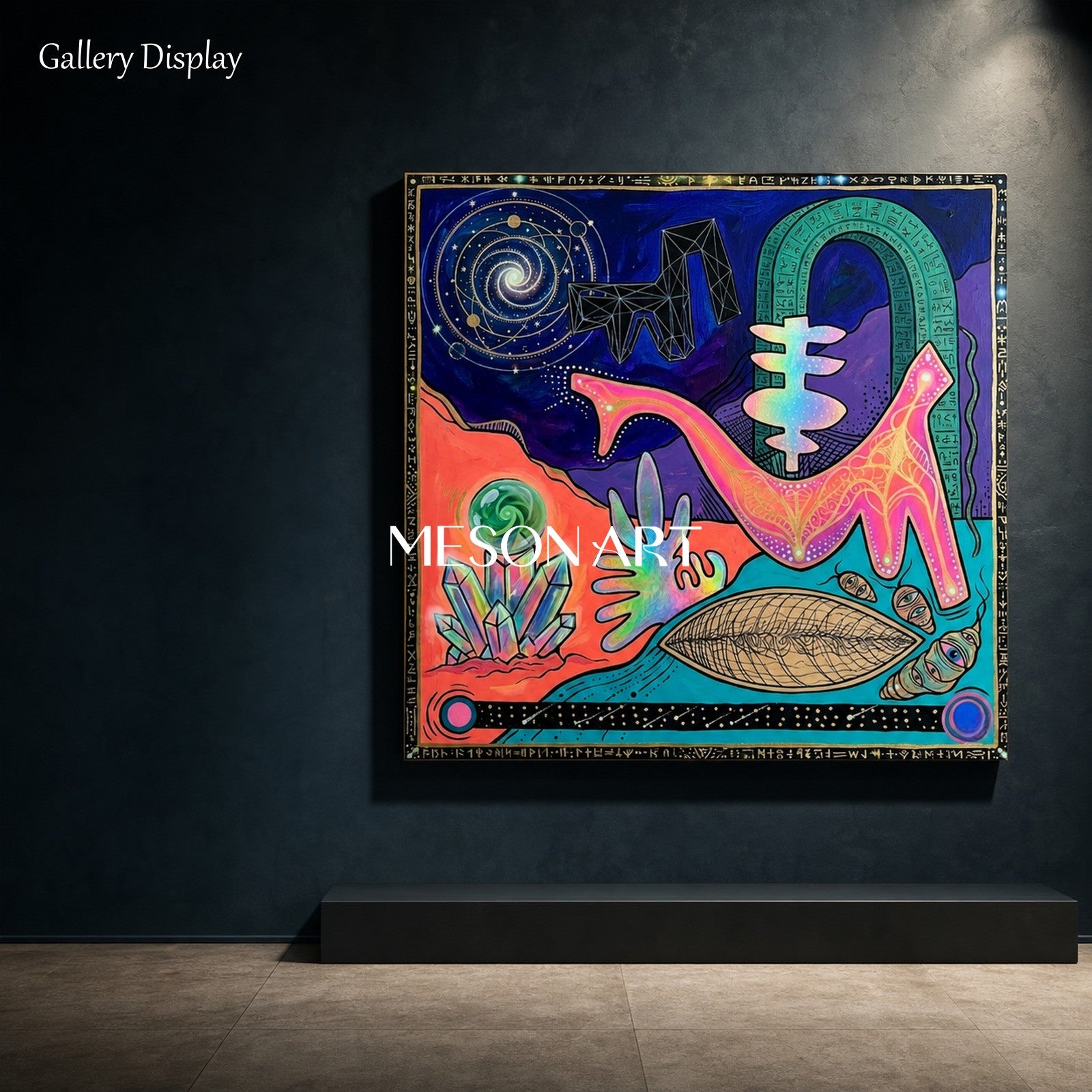Abstract Surreal Painting With Cosmic Symbols For Modern Living Room Decor