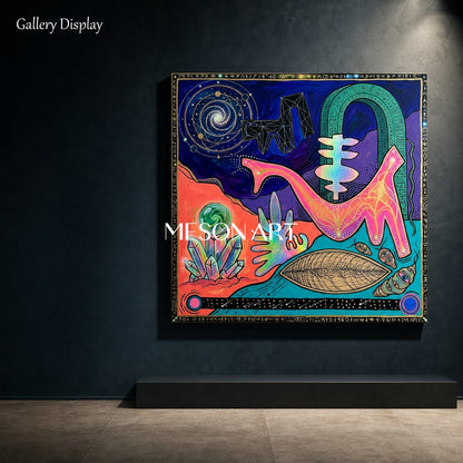Abstract Surreal Painting With Cosmic Symbols For Modern Living Room Decor