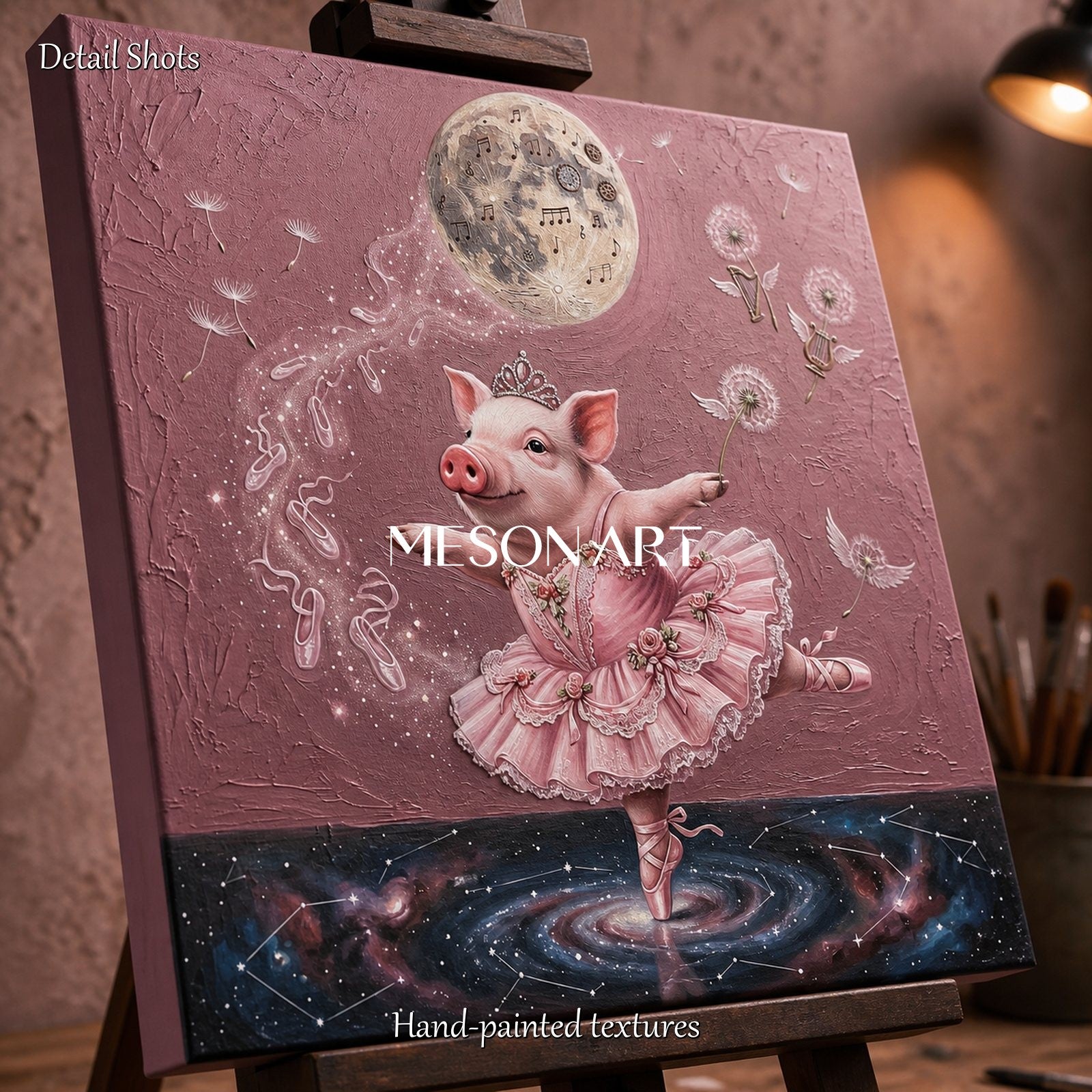 Pink And Gold Surrealist Painting Of Dancer Pig Square Wall Art For Kids Room By Mesonart