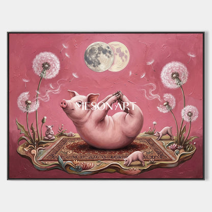 Pink And White Yoga Pig Surrealist Art Rectangular Wall Decor For Living Room By Mesonart
