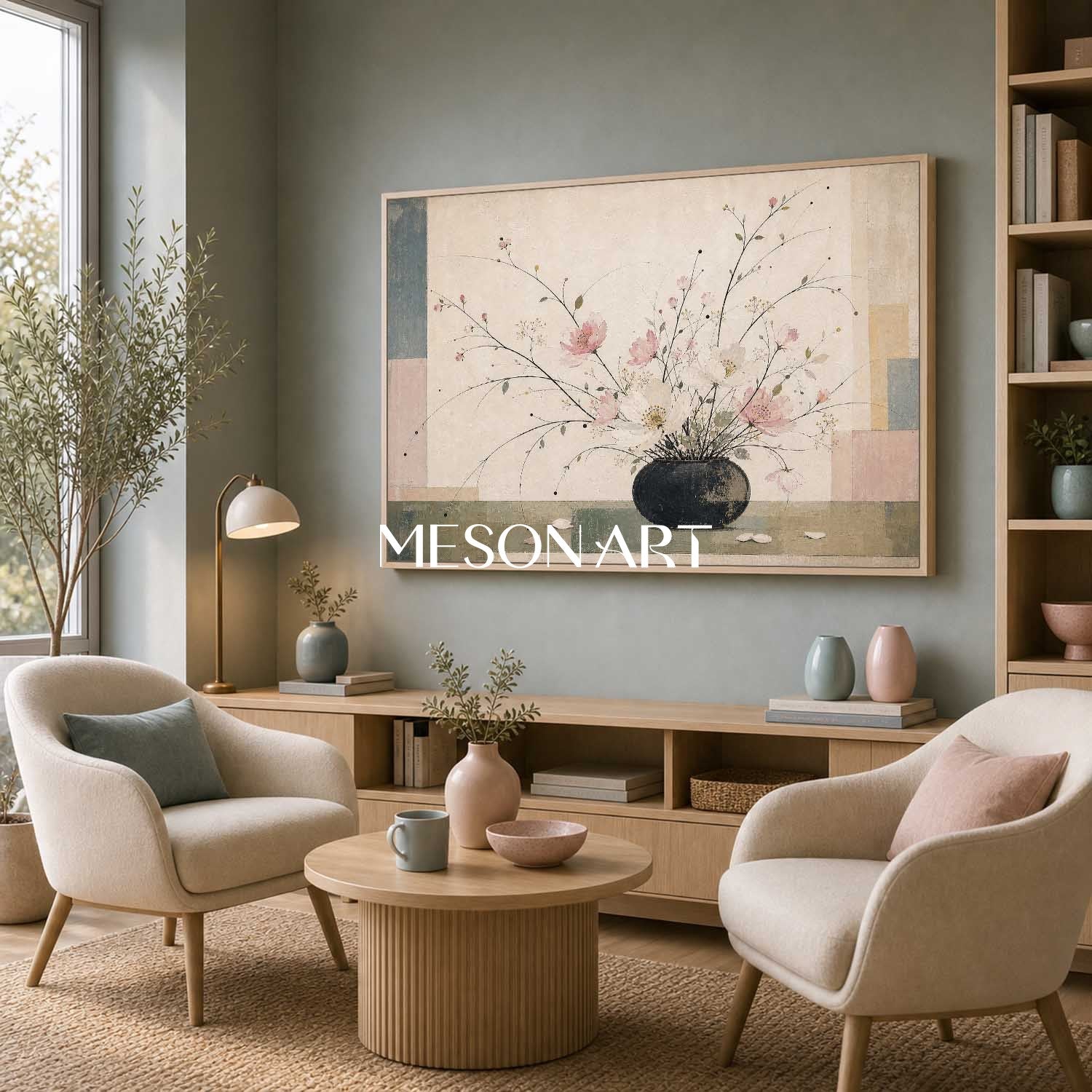 Elegant Pink Floral Still Life Painting With Geometric Background For Dining Room Wall Art Decor