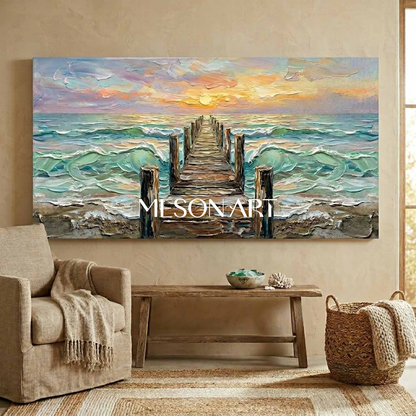 Luxury Coastal Seascape Art With Golden Sunset And Textured Waves For Living Room