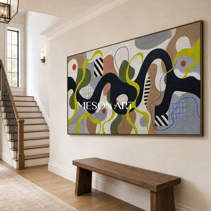 Mid Century Modern Abstract Painting With Organic Shapes And Geometric Lines For Living Room Decor