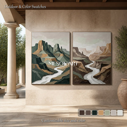 Green And Brown Modern Landscape Painting Rectangular Wall Art Contemporary Luxury Artwork By Mesonart