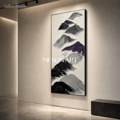 Black And White Mountain Painting With Textured Relief For Modern Home Decor