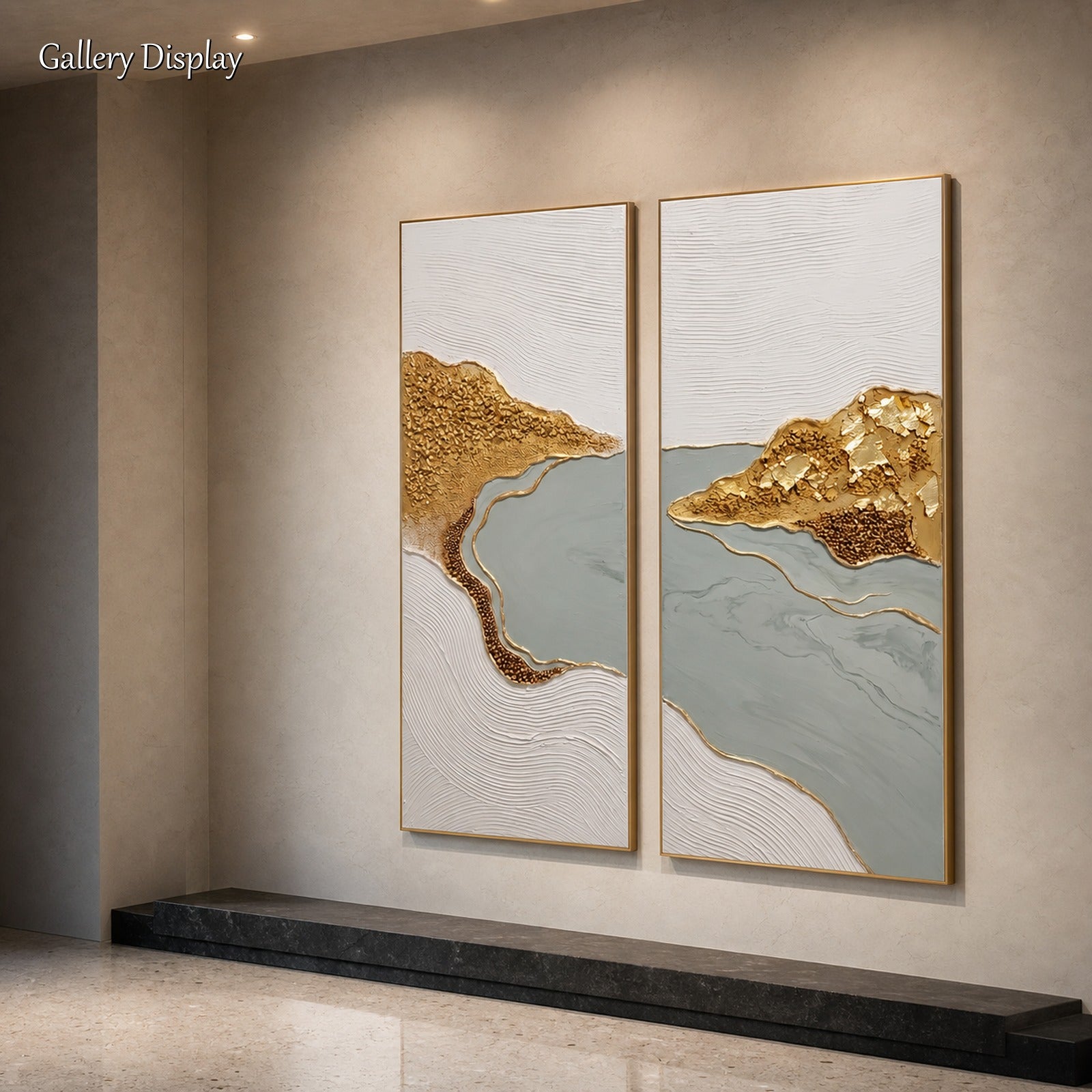 Dipinto astratto di lusso con foglia d'oro: opera d'arte con texture bianca e grigia per una casa moderna