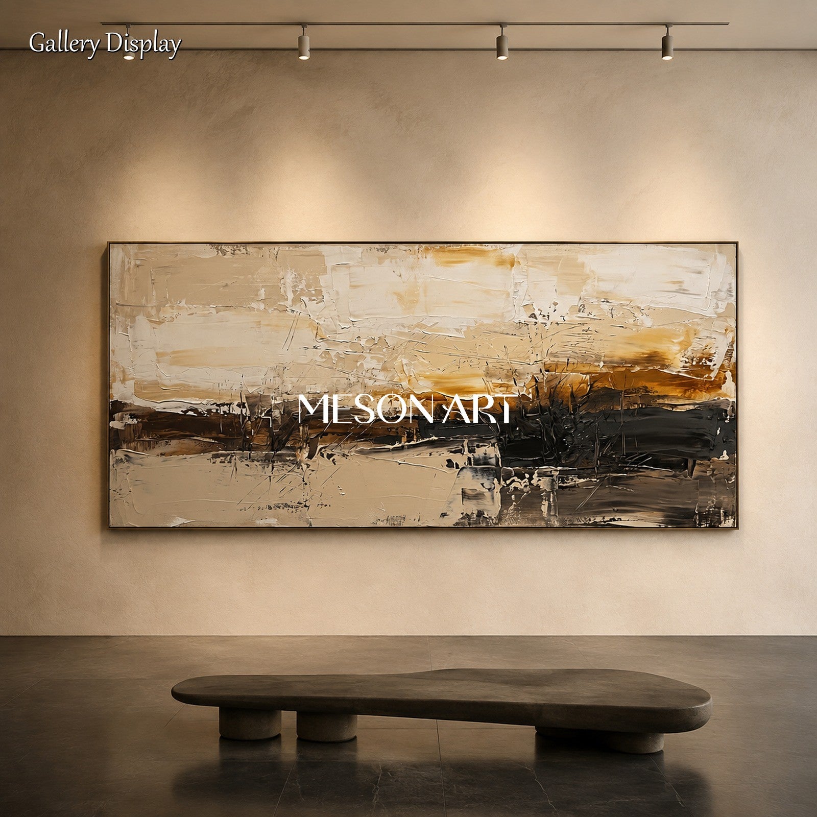 Beige And Black Abstract Landscape Painting Panoramic Wall Art For Living Room By Mesonart