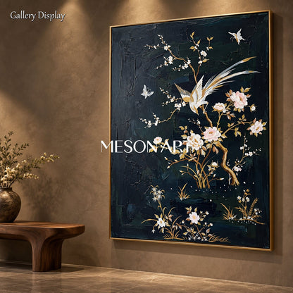 Black And White Japanese Style Floral Painting Rectangular Wall Art Original Artist Hand Painted By Mesonart