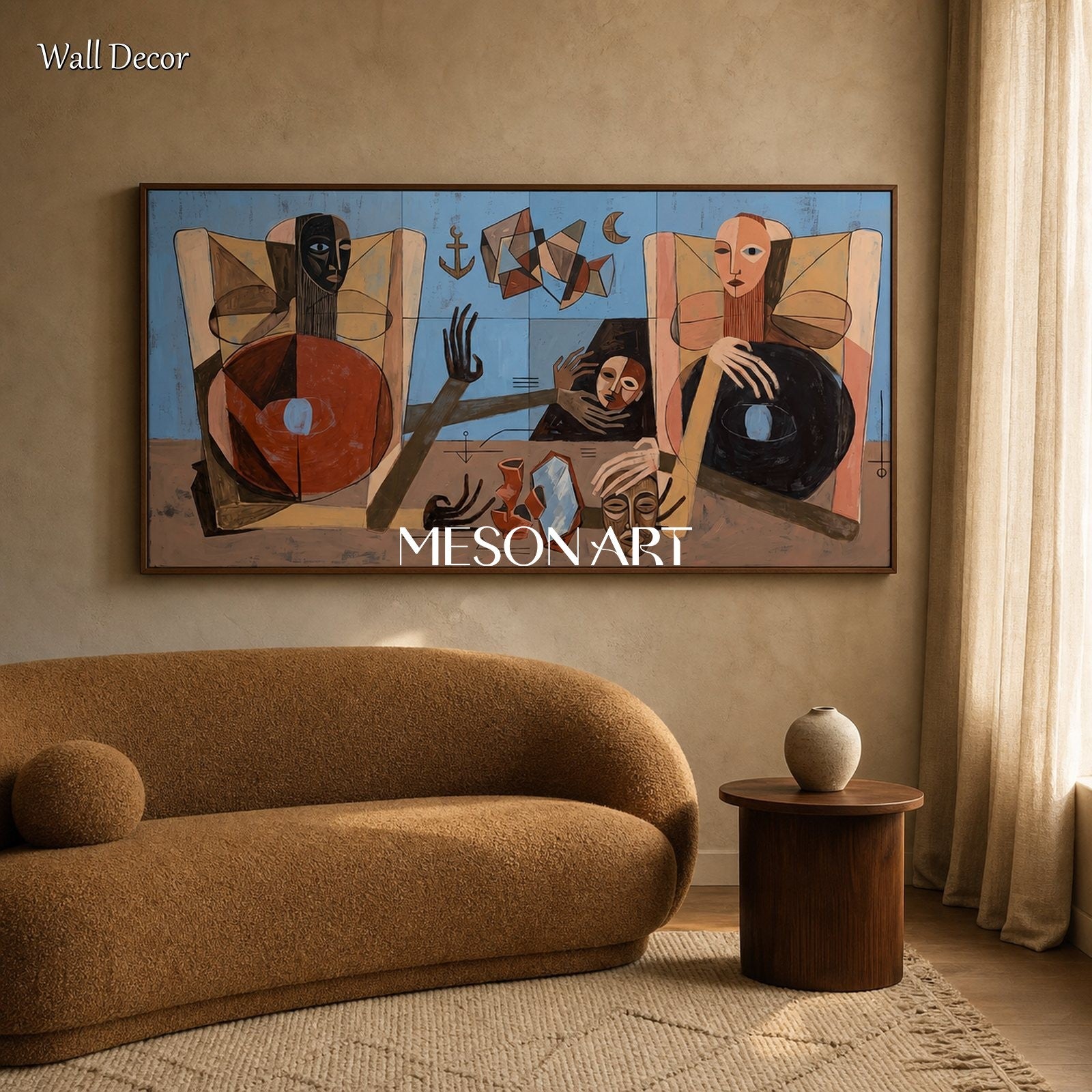 Blue And Brown Expressionist Figurative Abstract Painting Panoramic Wall Art For Living Room By Mesonart