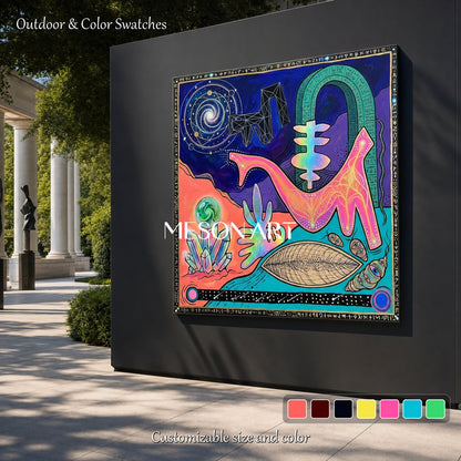 Abstract Surreal Painting With Cosmic Symbols For Modern Living Room Decor