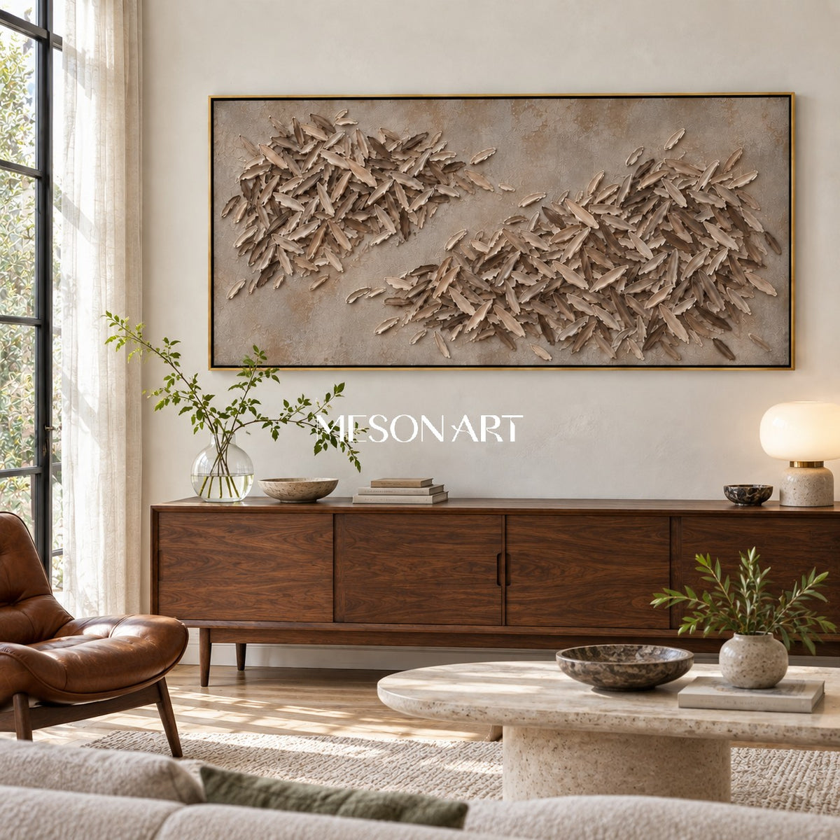 Beige And Brown Textured Abstract Art Minimalist Wabi Sabi Panoramic Wall Decor For Living Room By Mesonart