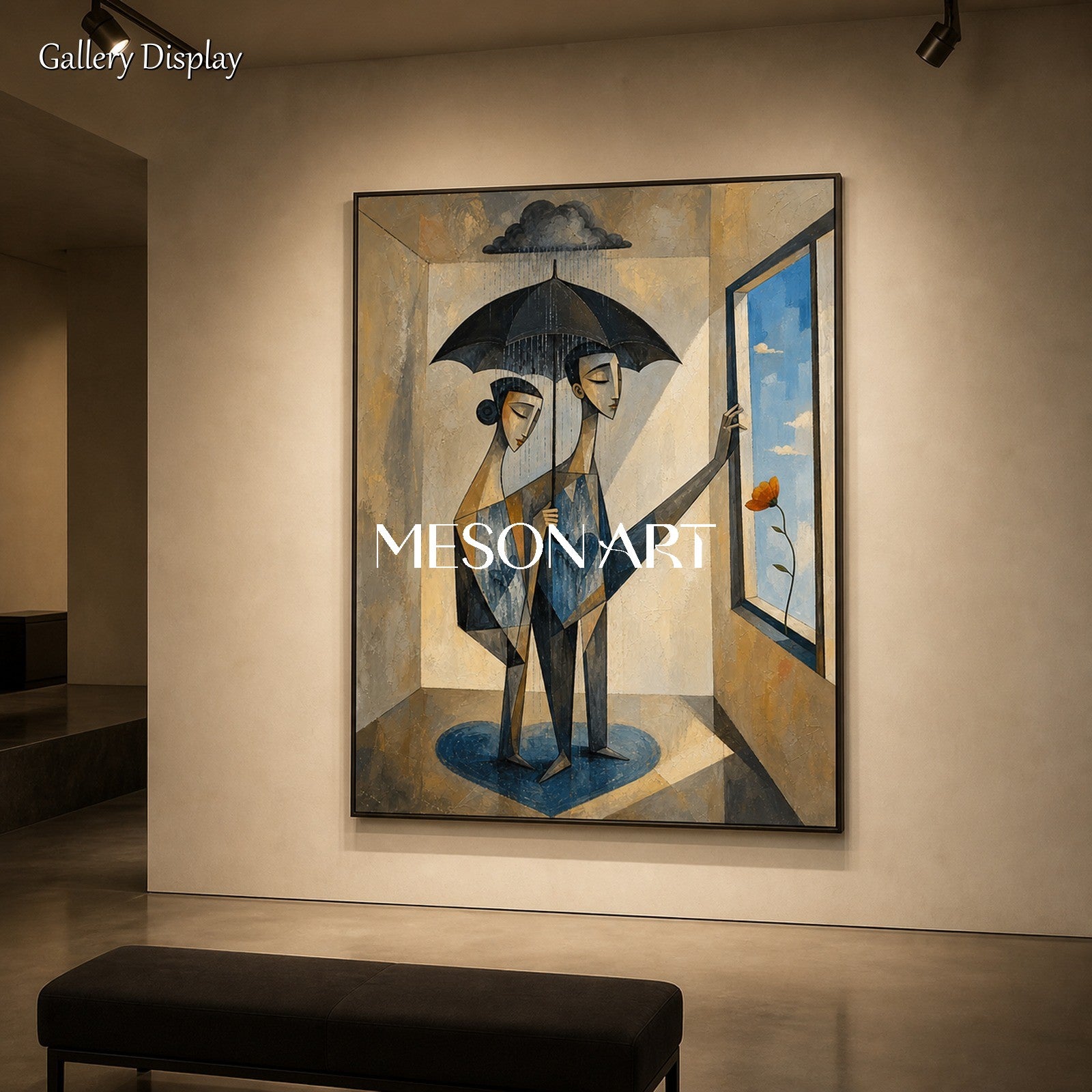 Blue Beige Surreal Cubist Expressionism Art Rectangular Wall Decor For Living Room By Mesonart