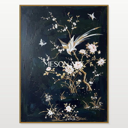 Black And White Japanese Style Floral Painting Rectangular Wall Art Original Artist Hand Painted By Mesonart