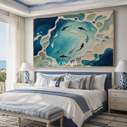 Abstract Ocean Shark Painting With Textured Reef For Modern Living Room Decor