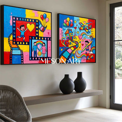 Colorful Pop Art Set Of Two For Kids Room Wall Decor With Film Strip Motif