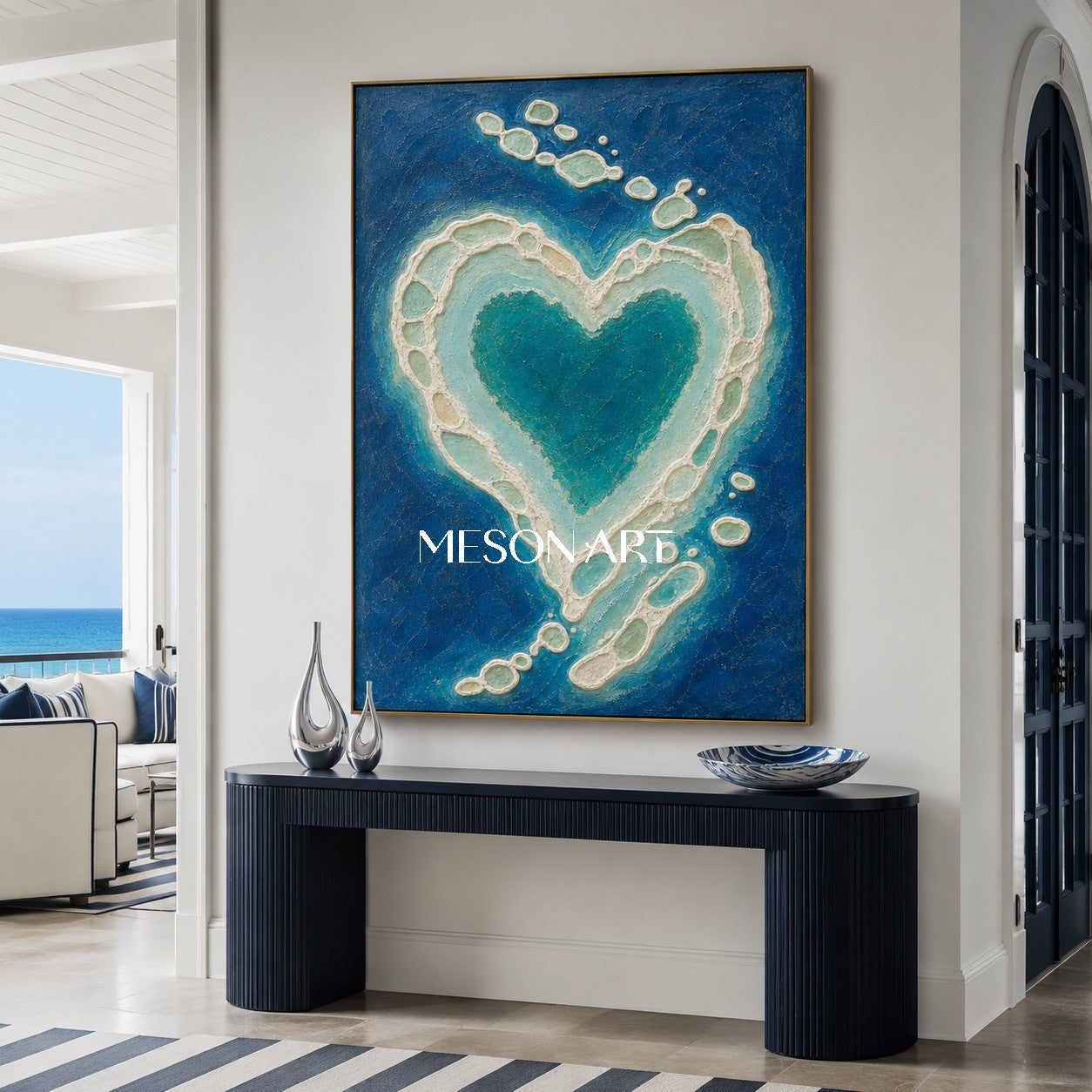 Turquoise Heart Abstract Painting With Plaster Texture For Romantic Bedroom Wall Art