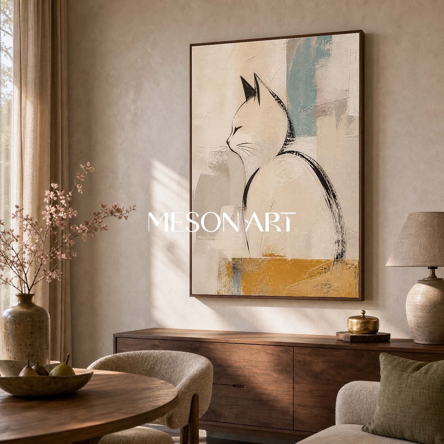 Minimalist Cat Wall Art In Beige And Black For Living Room Bedroom Decor