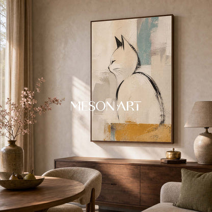Minimalist Cat Wall Art In Beige And Black For Living Room Bedroom Decor