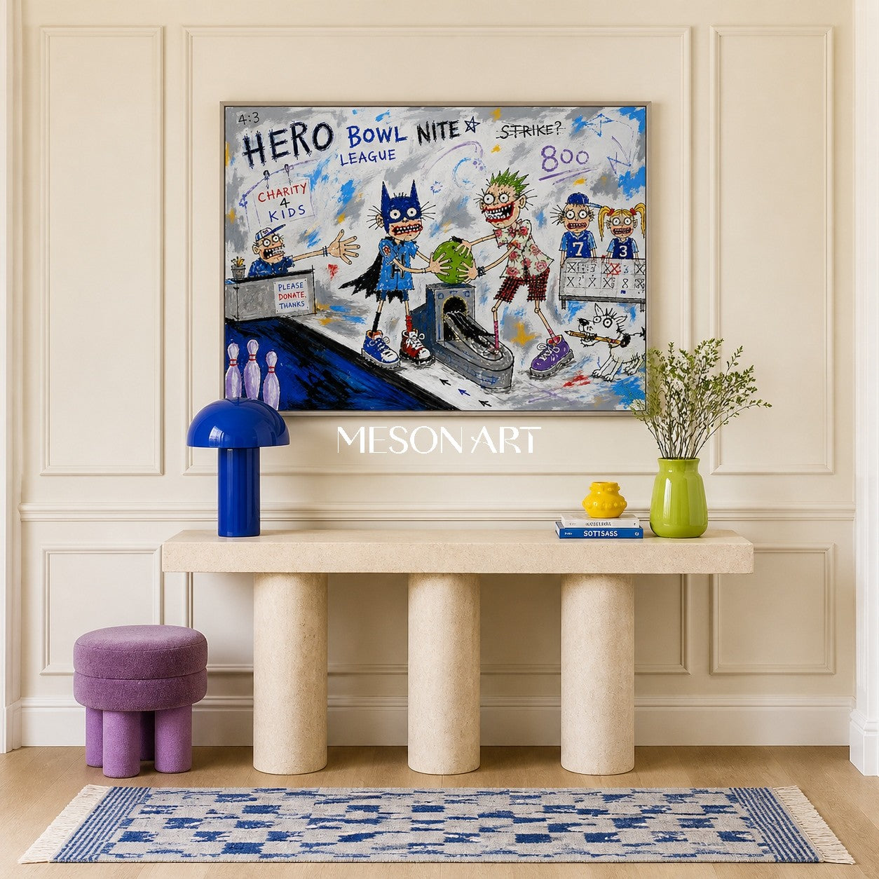 Blue And White Graffiti Cartoon Bowling Art Rectangular Wall Decor Original Artist Hand Painted By Mesonart