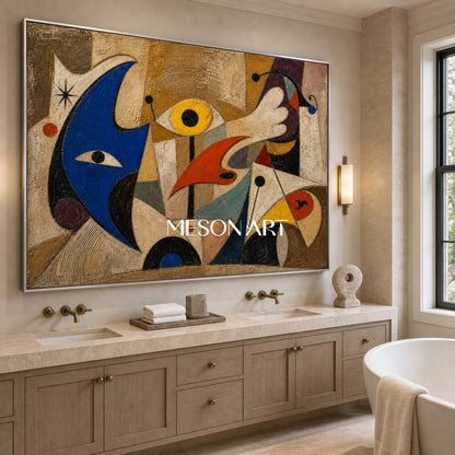 Pittura ad olio astratta surrealista su lino con toni blu e beige per l'arredamento del soggiorno