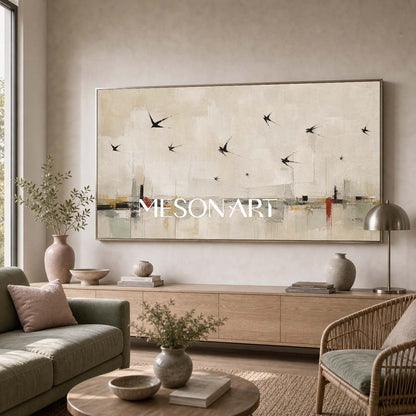 Minimalist Swallow Canvas Art Abstract Beige Painting For Modern Living Room Decor