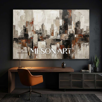 Abstract City Painting With Plaster Texture For Modern Living Room And Office Decor