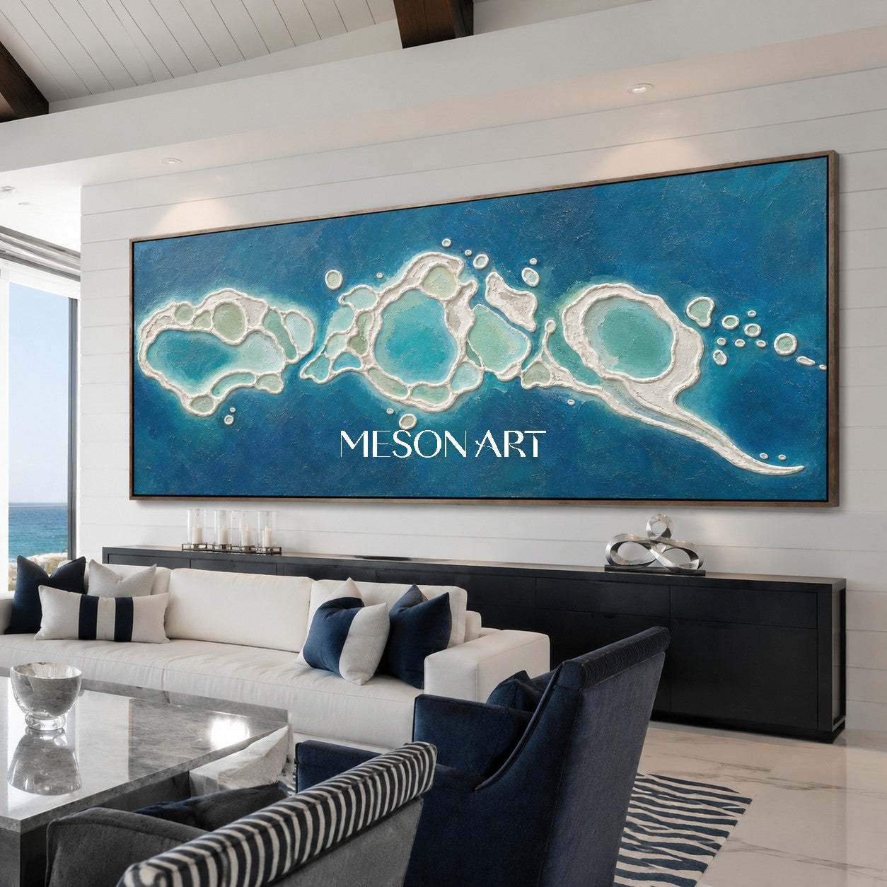Luxury Abstract Ocean Wall Art With Turquoise Impasto Texture For