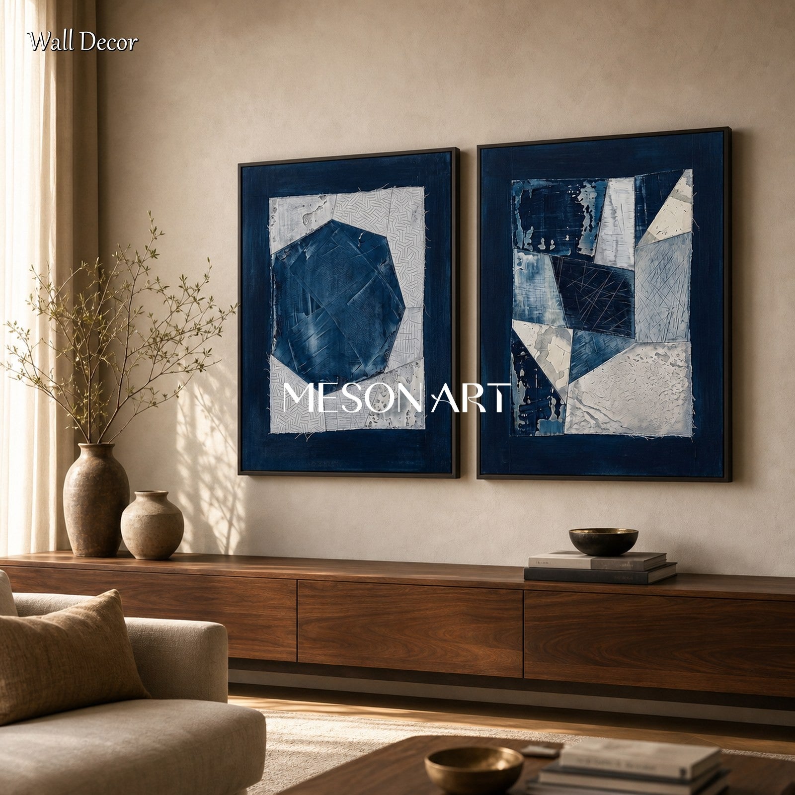 Blue And White Abstract Art With Textured Relief For Modern Living Room Decor