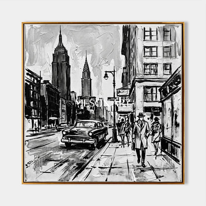 Black And White New York City Urban Sketch Contemporary Wall Art Square Original Artist By Mesonart