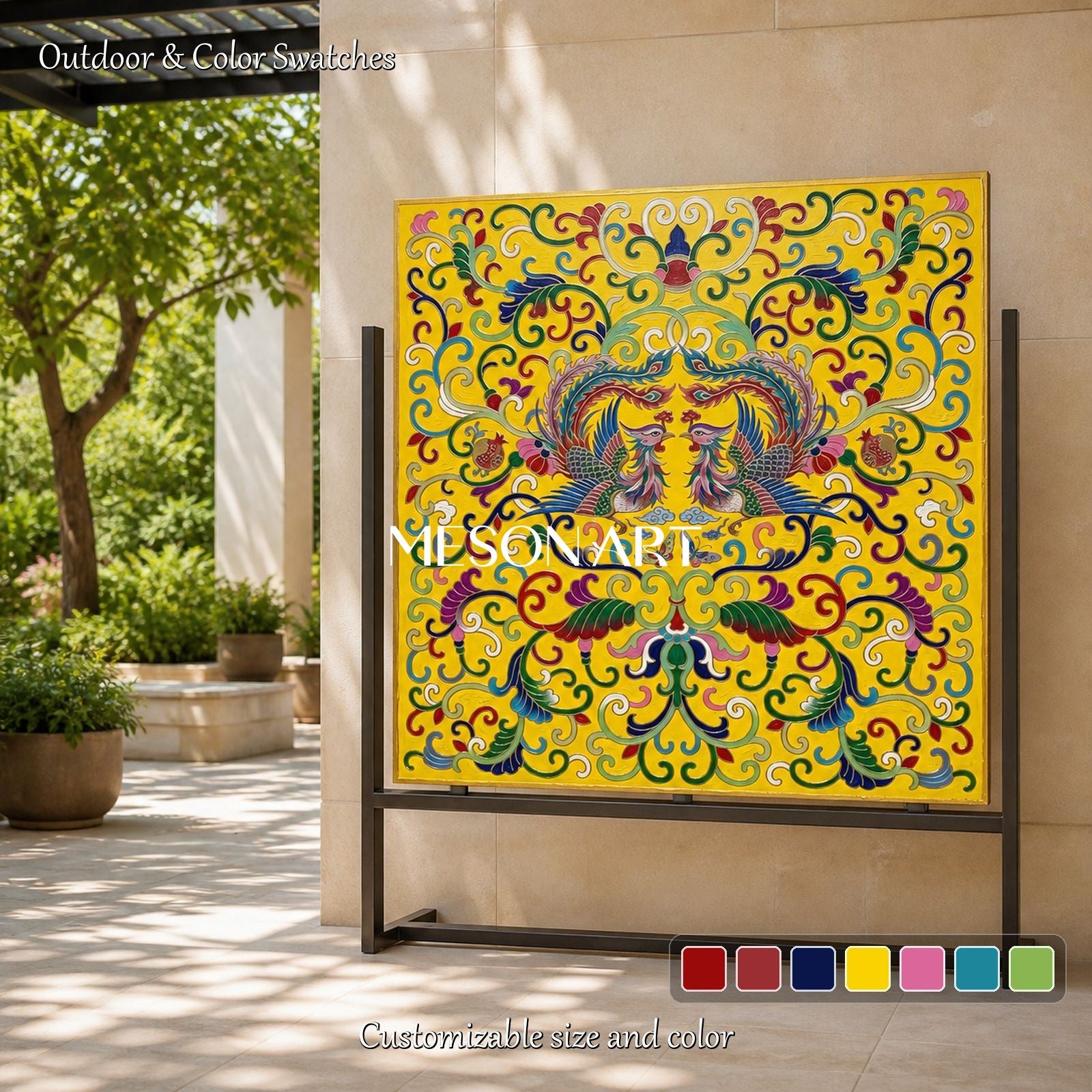Yellow And Gold Persian Decorative Art Ottoman Inspired Arabesque Islamic Wall Square Painting By Mesonart