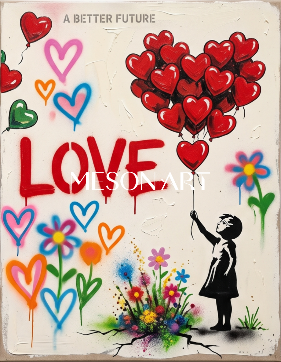Red And Black Graffiti Painting With Heart Motif Rectangular Wall Art For Living Room By Mesonart