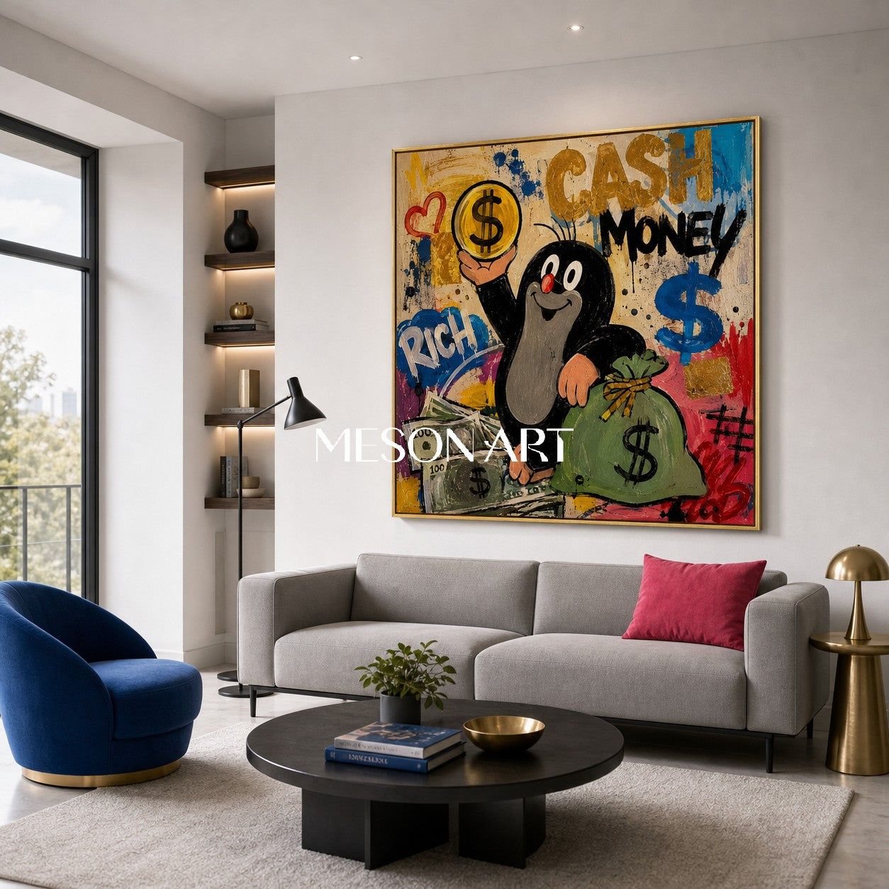 Funny Cartoon Mole With Money Pop Art Graffiti Painting On Linen Canvas For Living Room And Entryway Decor