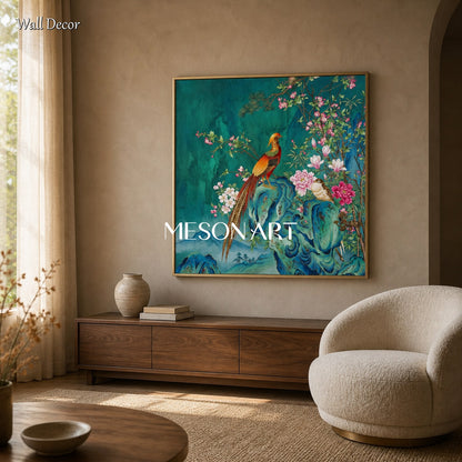 Green And Pink Gongbi Bird And Blossom Painting Square Wall Art Original Artist Hand Painted By Mesonart