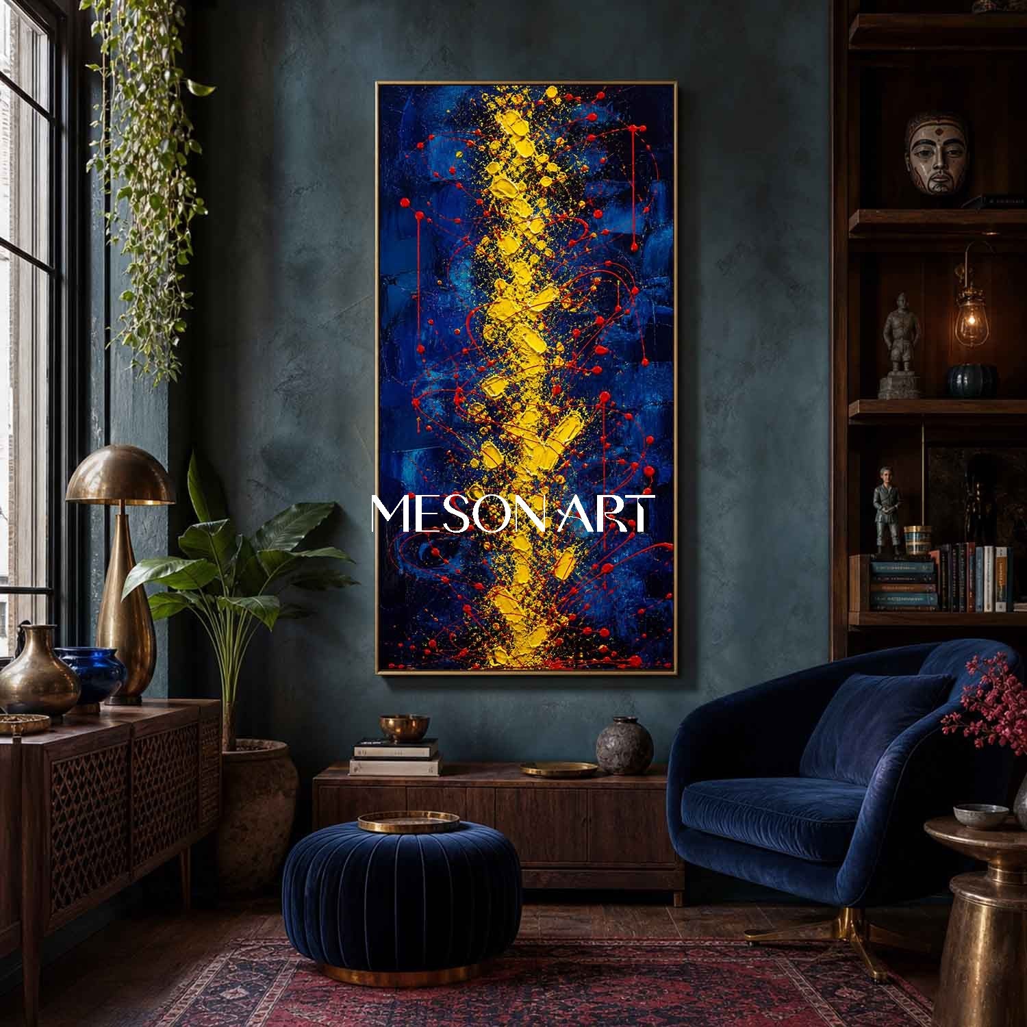 Blue And Gold Abstract Painting With Red Splatter Texture For Modern Living Room Decor
