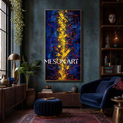 Blue And Gold Abstract Painting With Red Splatter Texture For Modern Living Room Decor
