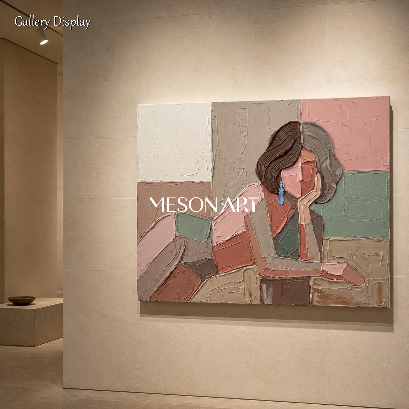 Pink And Brown Painting Modern Portrait Contemporary Figurative Art Original Artist Hand Painted Rectangular Wall Decor For Living Room By Mesonart