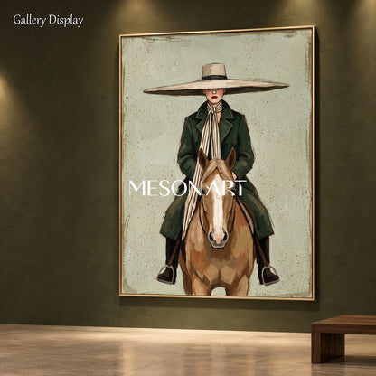 Green And Brown Vintage Cowboy Painting Rectangular Wall Art Original Artist Hand Painted For Living Room By Mesonart