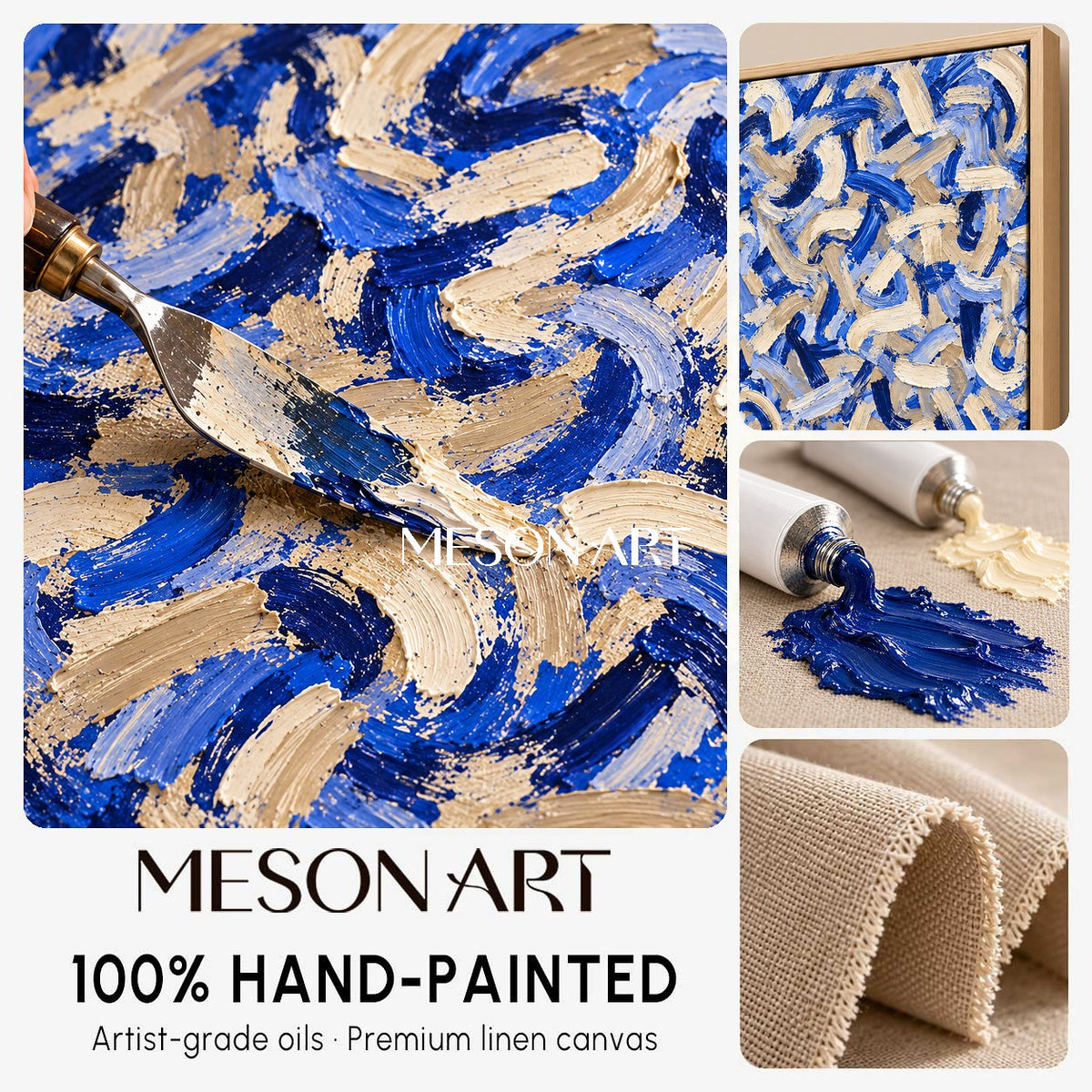 Blue And Beige Abstract Impasto Palette Knife Rectangular Wall Art Original Artist By Mesonart