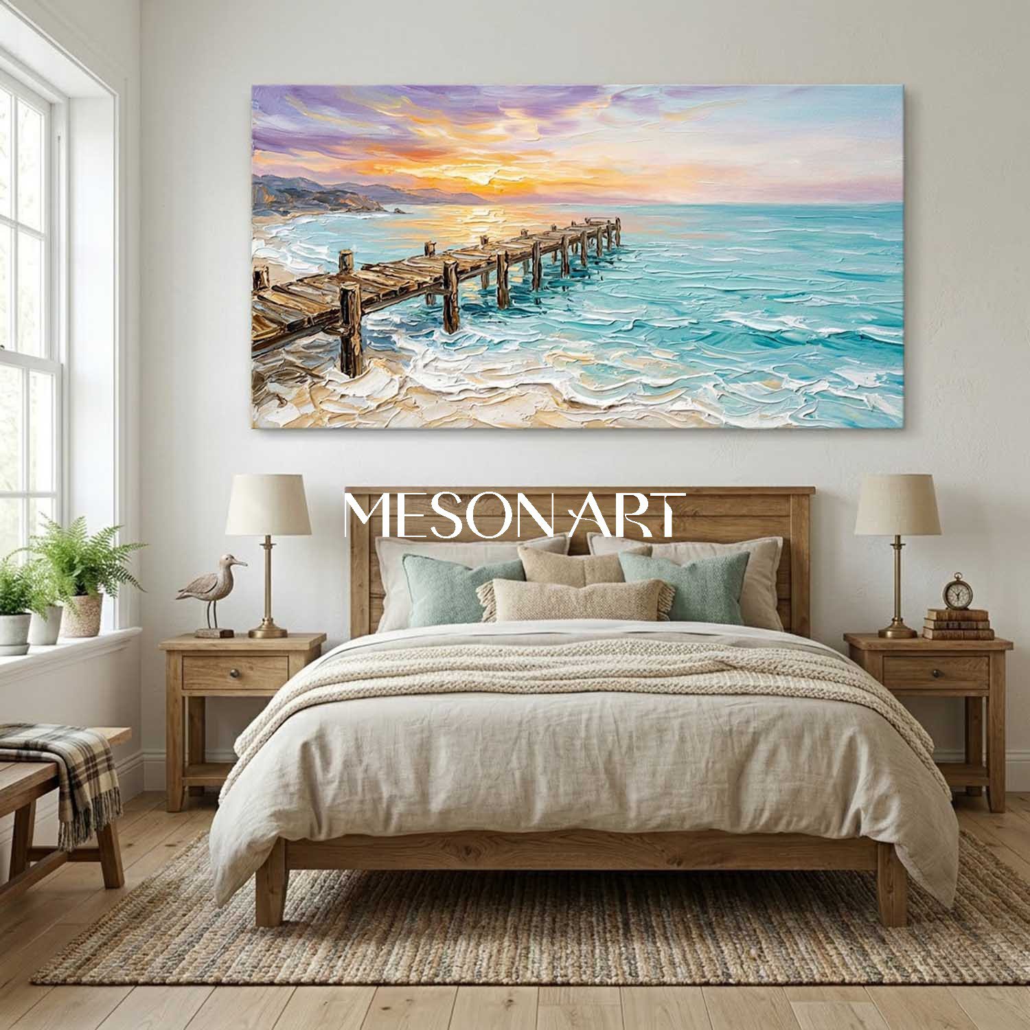 Original Impasto Seascape Painting With Pier For Coastal Living Room Decor
