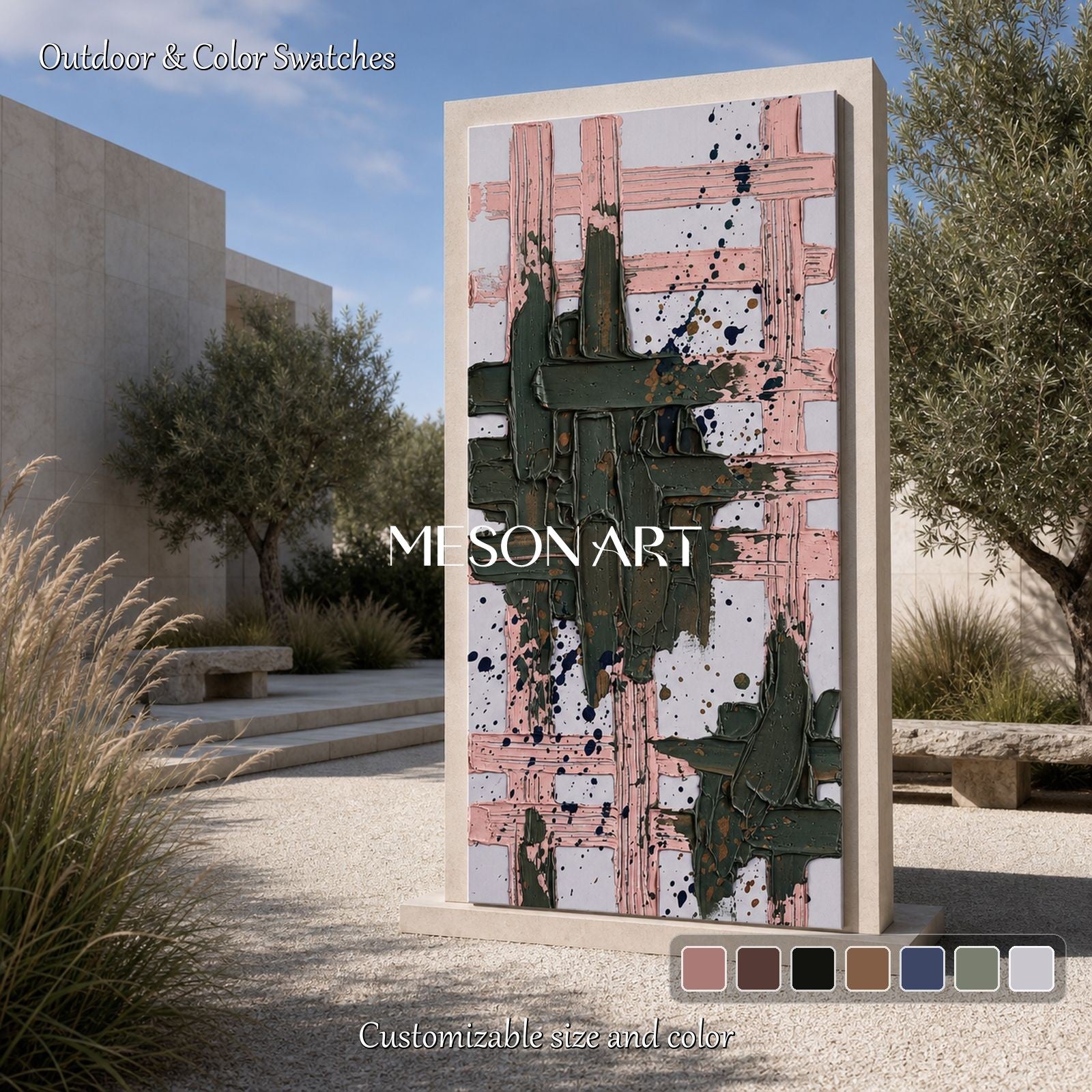 Minimalist Geometric Abstract Art With Textured Relief In Pink And Green For Modern Entryway