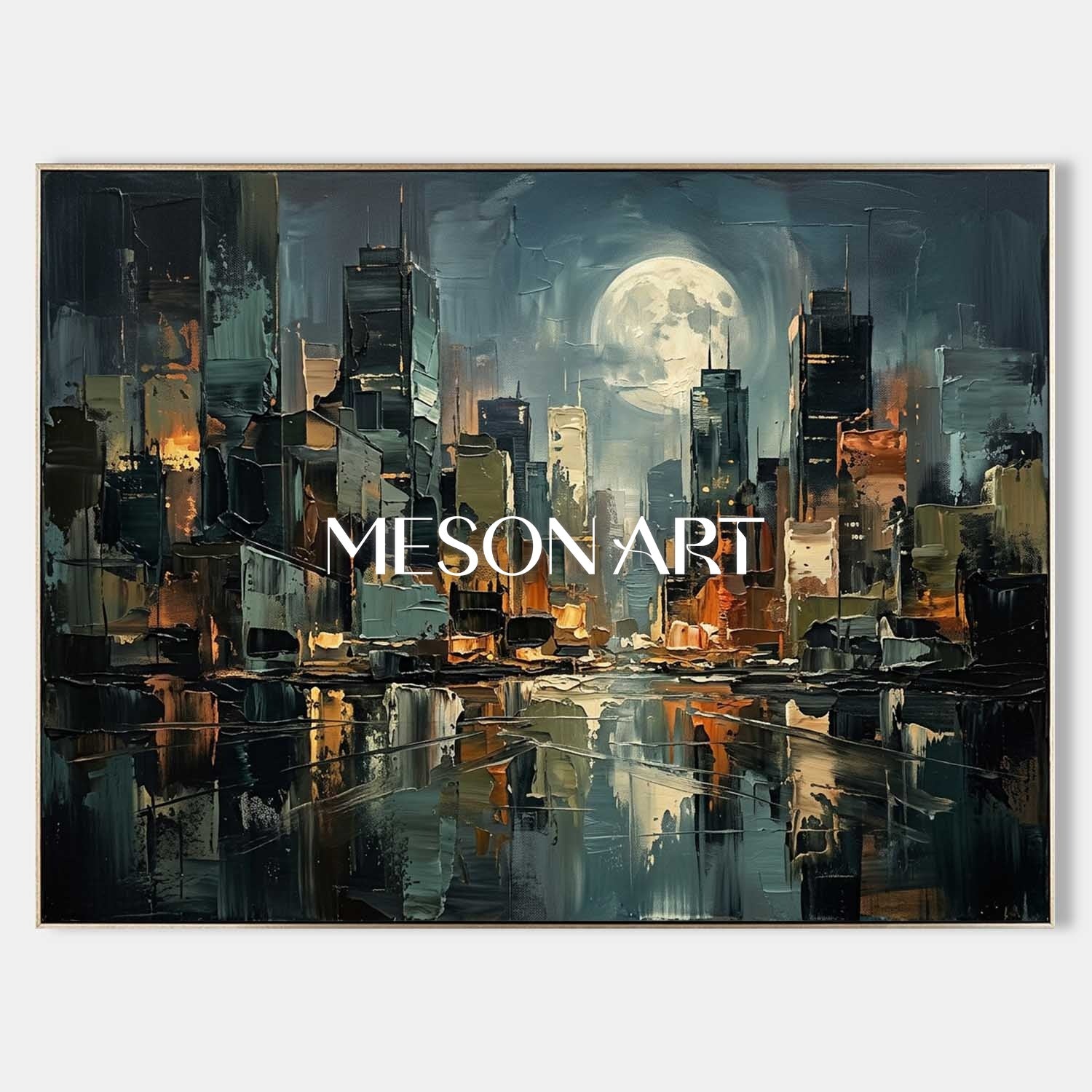 Abstract Cityscape Oil Painting With Textured Plaster Effect For Modern Living Room Decor