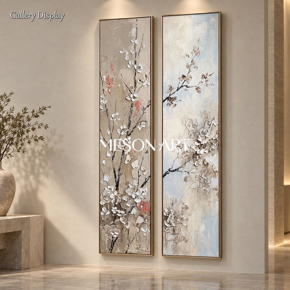 Beige And White Textured Sakura Flowers Rectangular Wall Art Original Artist Hand Painted By Mesonart
