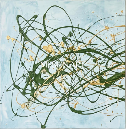 Blue And Green Pollock Style Painting Square Drip Art By Jackson Inspired Contemporary Wall Decor For Living Room By Mesonart